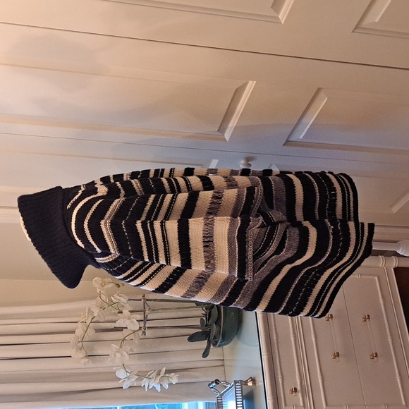 Calypso St. Barth Womens Funnel Neck Pullover Black/Cream Striped Arm Poncho OS - Picture 2 of 8